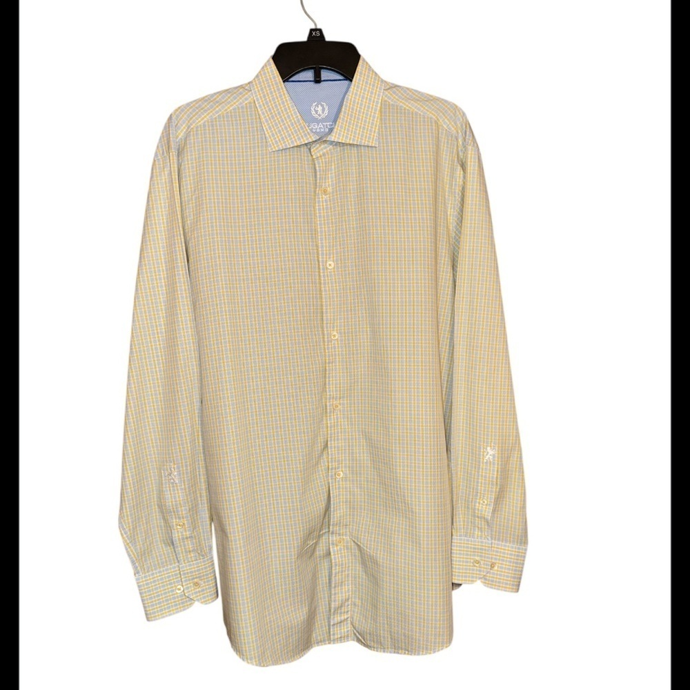 Bugatchi Uomo yellow, light blue plaid pattern. long-sleeved shirt, 17 34/35